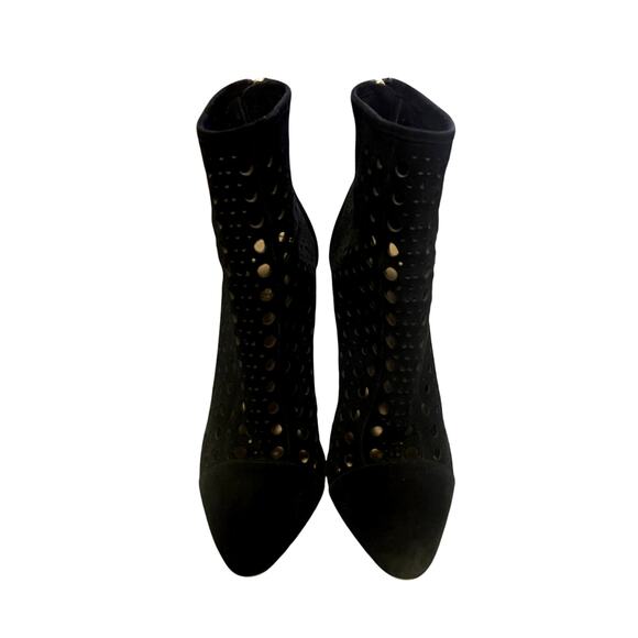 Tamara Mellon 7.5 Laser Cut $895 Italian Suede Ankle Boots Polka Dot Black - Picture 3 of 6